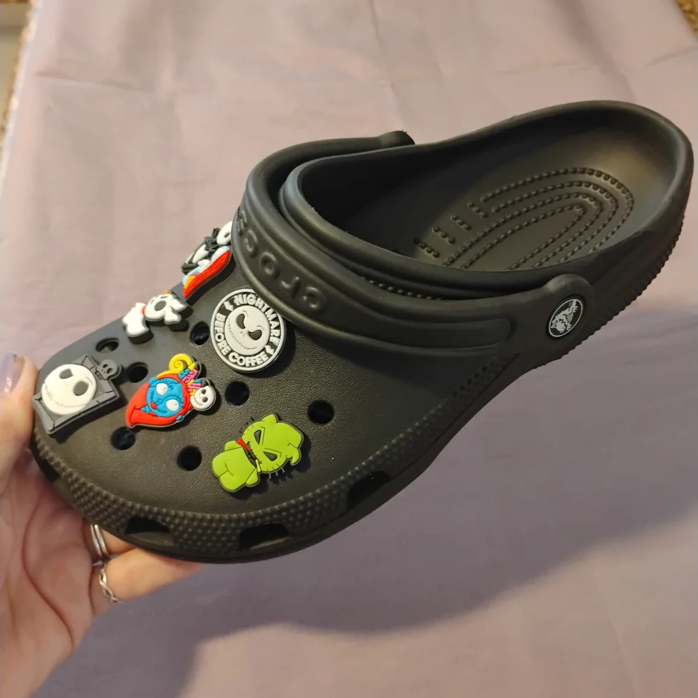 Women's Black Croc Slip-On Shoes with Fun Charms - Picture 1 of 6